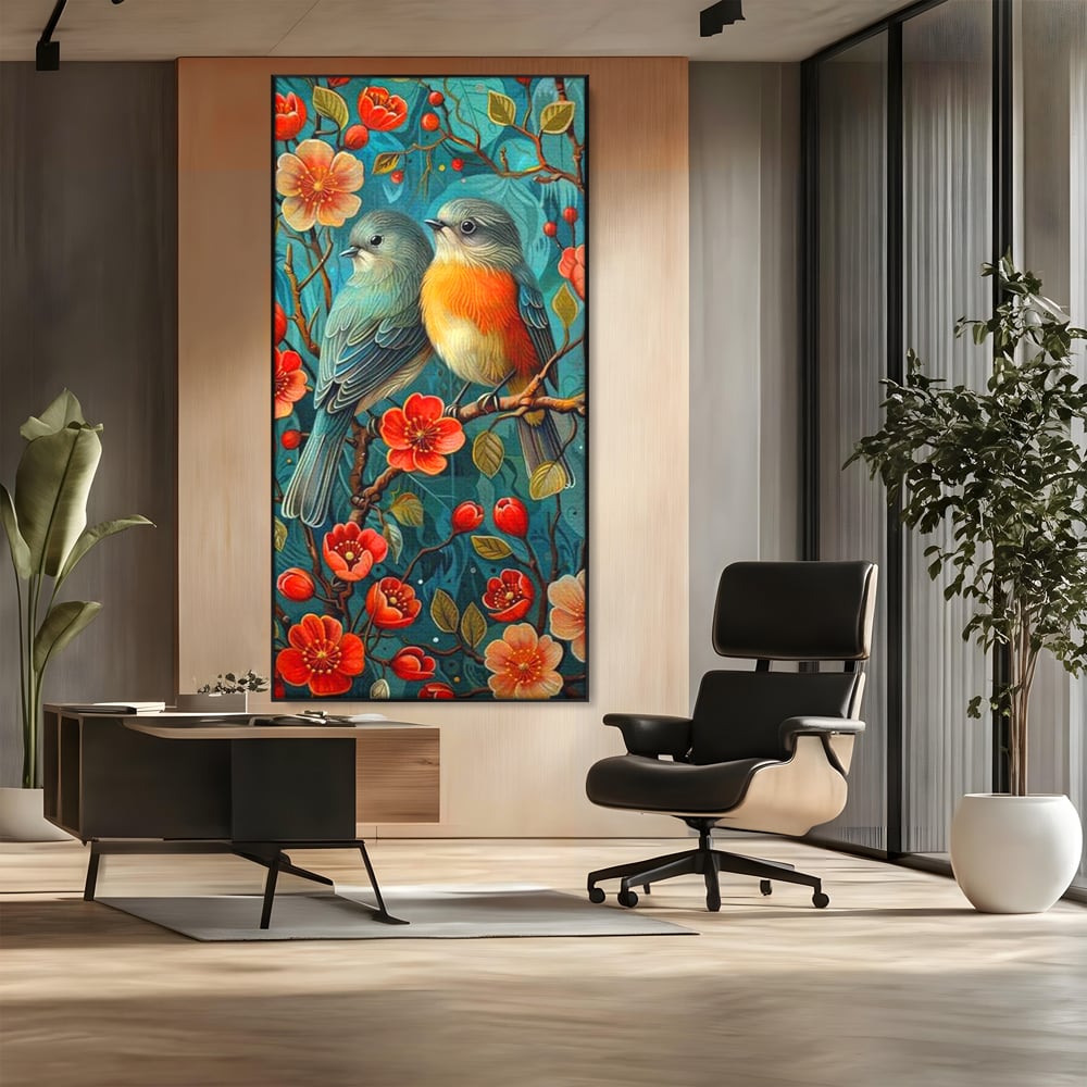 Tablou canvas cu tablou canvas cu pasari pe creanga, in rama de aluminiu negru, pe perete intr-un birou